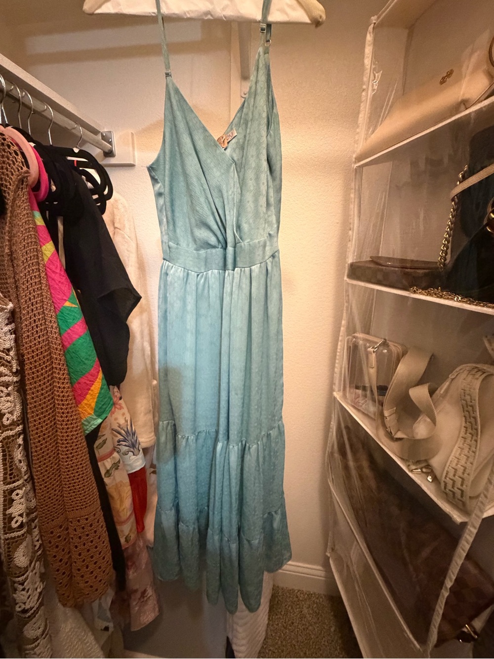 Joy Joy Aqua Blue Tiered Spaghetti Strap Maxi Dress